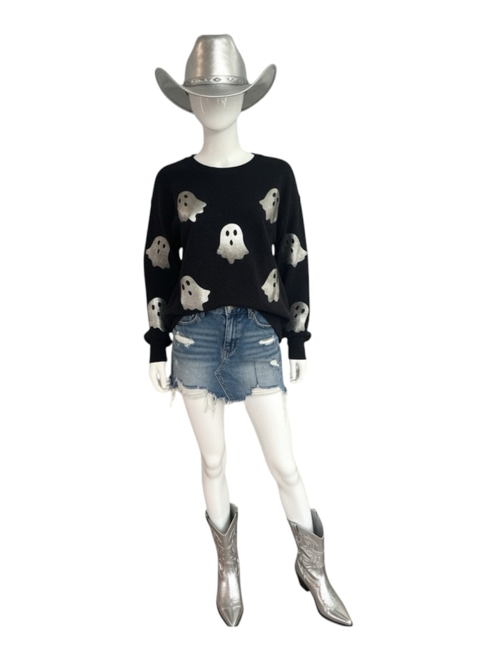POODIT shimmer ghost transfers corded thermal oversized Halloween top S M L 2XL